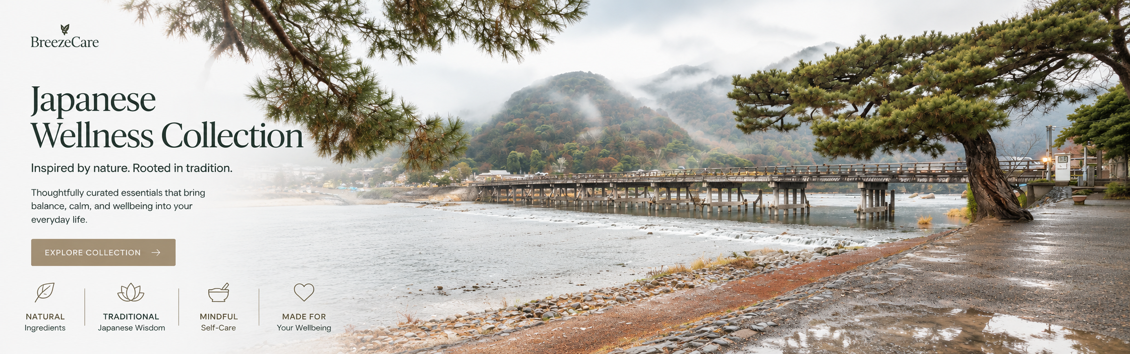 Japanese Wellness Collection banner featuring the Togetsukyo Bridge in Kyoto with misty mountains, river and pine trees, representing BreezeCare's curated Japanese wellness products.