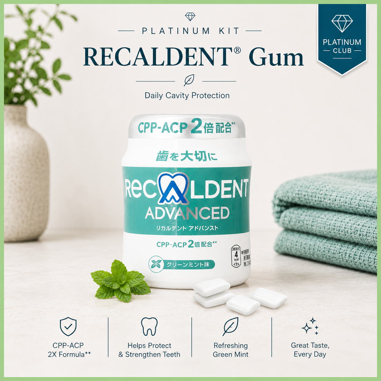 SAVE 25% PLATINUM: Recaldent Plus Gum - Mint (5Tubs)