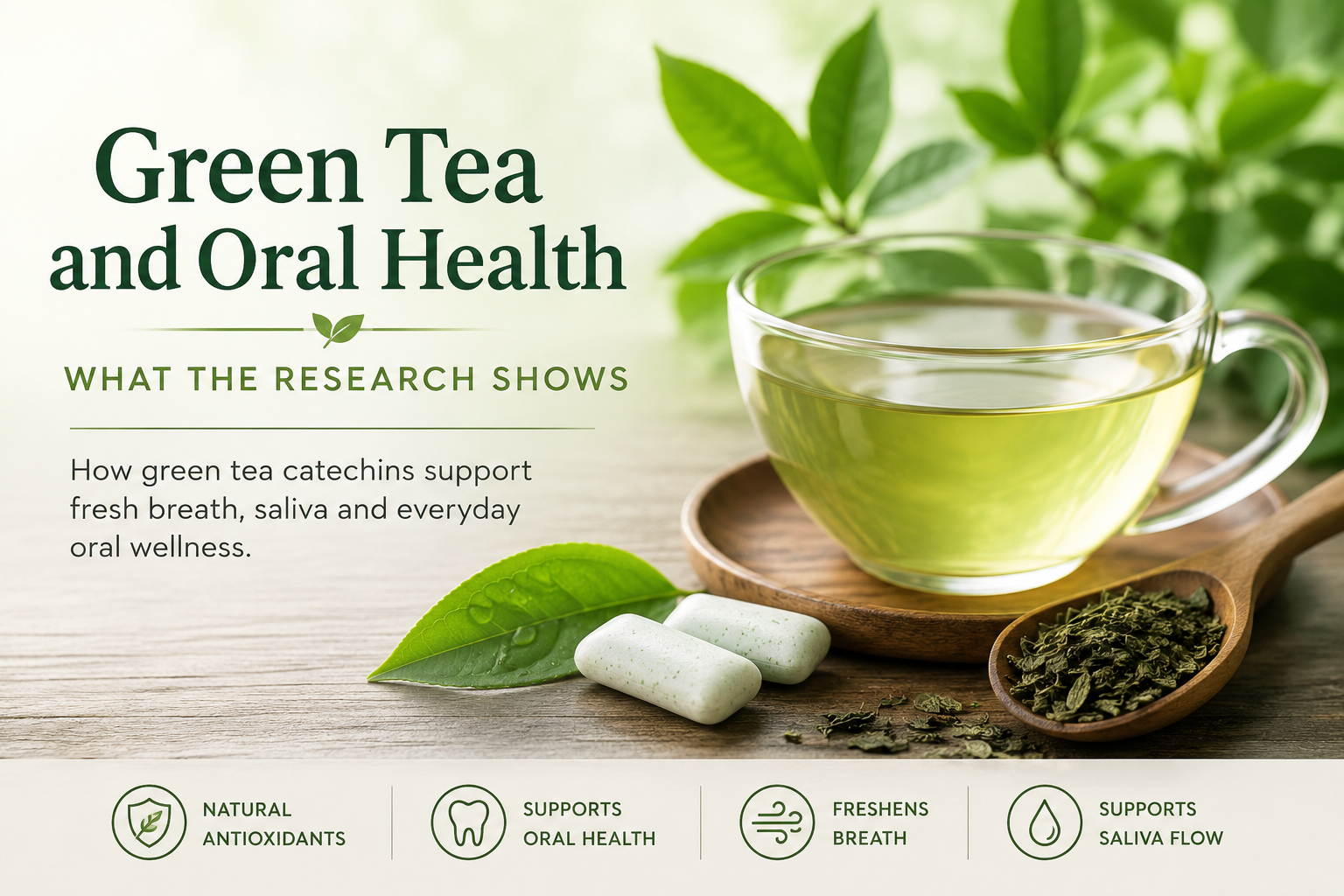 Green tea and oral health illustration showing Japanese green tea, tea leaves and sugar-free chewing gum representing green tea catechin research.