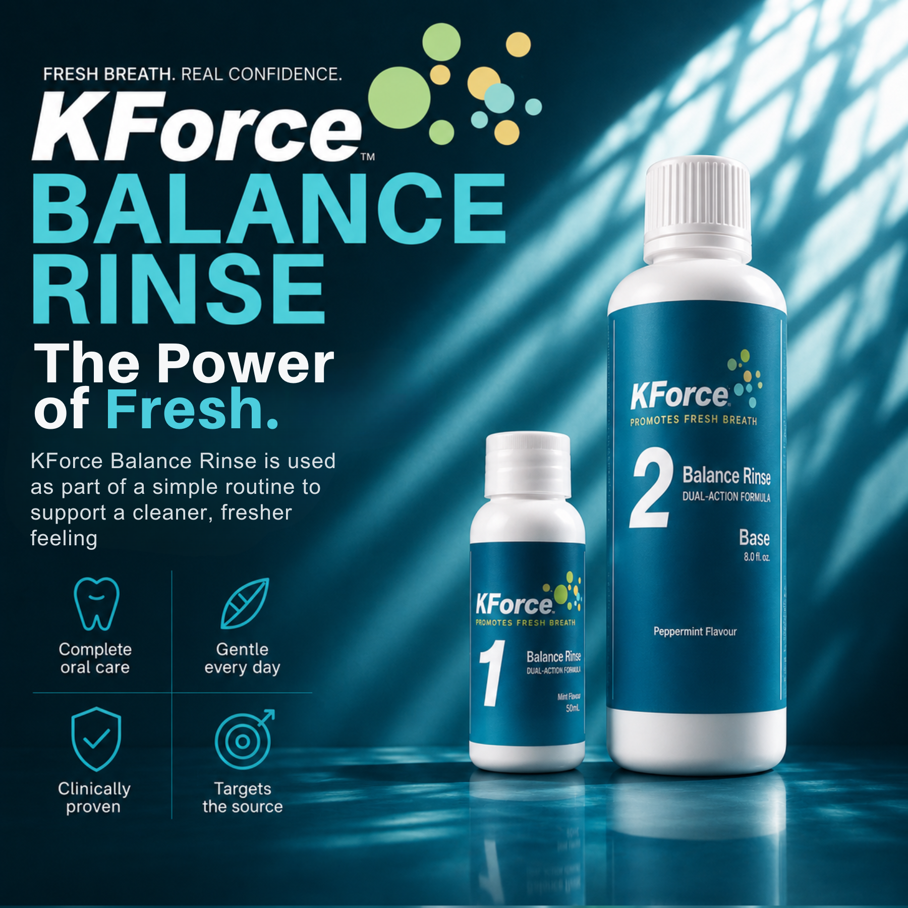 KForce Balance Rinse bottles on a dark blue reflective background with promotional text and icons. The image shows two white plastic bottles with blue labels: a smaller bottle labeled '1 Balance Rinse' and a larger bottle labeled '2 Balance Rinse'.