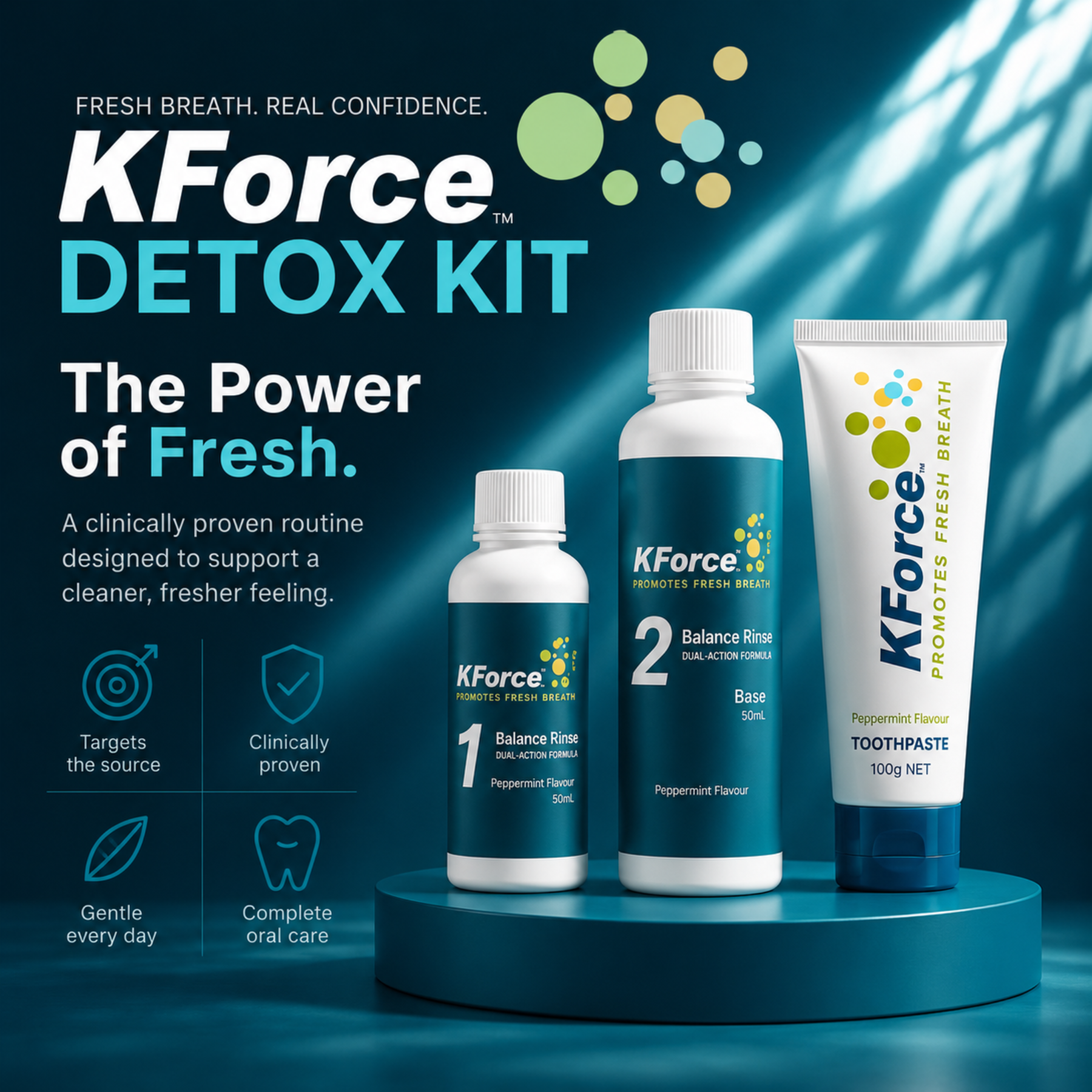 KForce Detox Kit featuring a small white bottle, a larger white bottle, and a white toothpaste tube with teal and yellow branding, displayed on a dark teal pedestal against a blue background with light streaks.