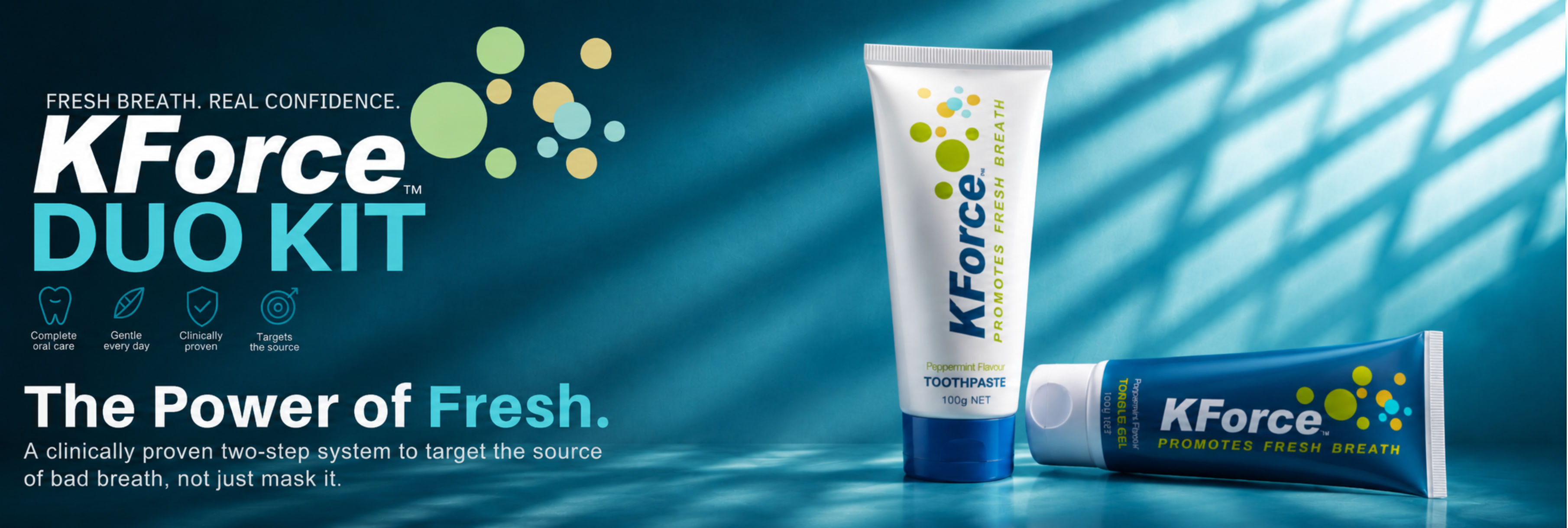 KForce Duo Kit toothpaste and mouthwash tubes on a blue gradient background with promotional text on the left.