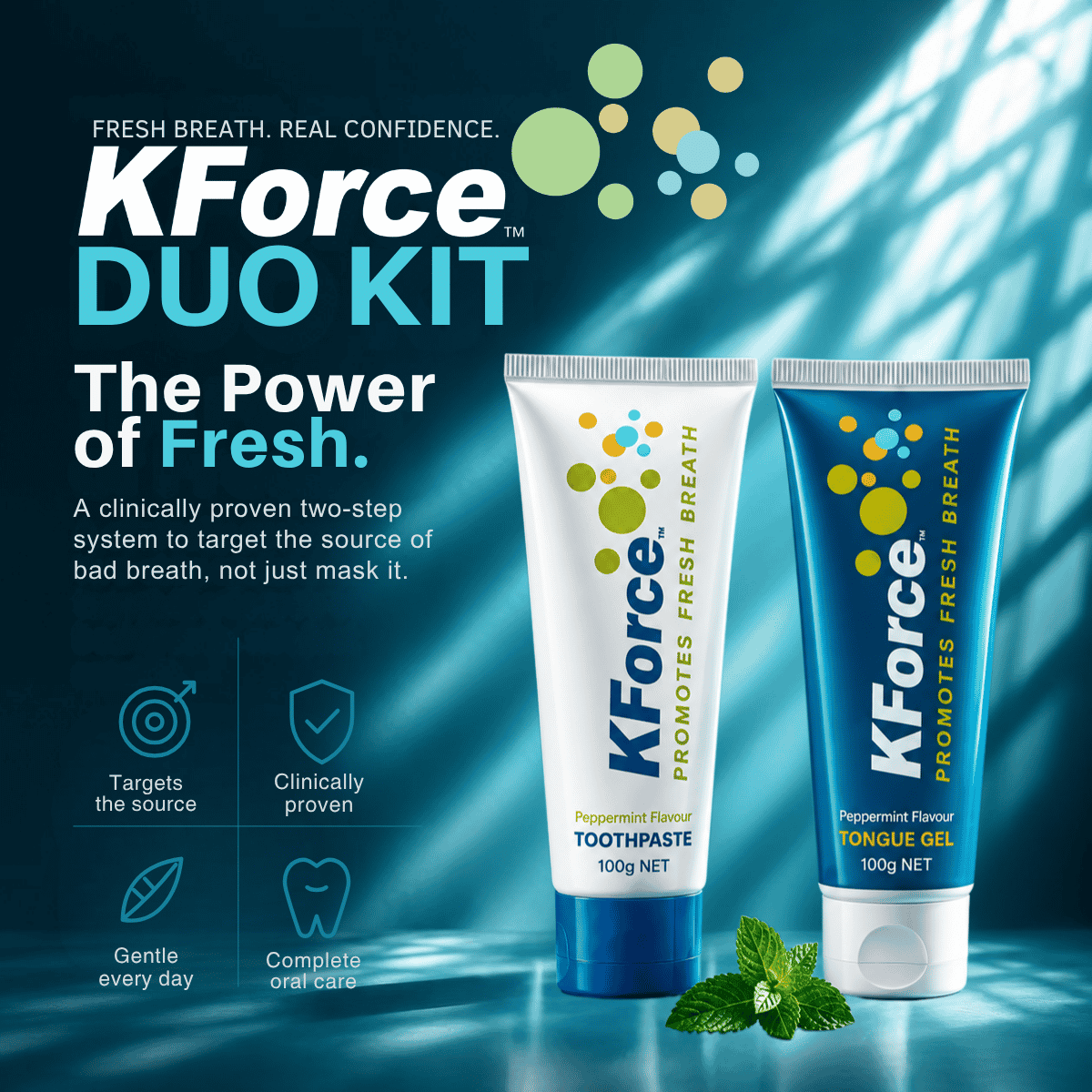 KForce Duo Kit toothpaste and tongue gel tubes on a blue graphic background with text and icons. The toothpaste tube is white with blue and green branding, and the tongue gel tube is blue with white and green branding.