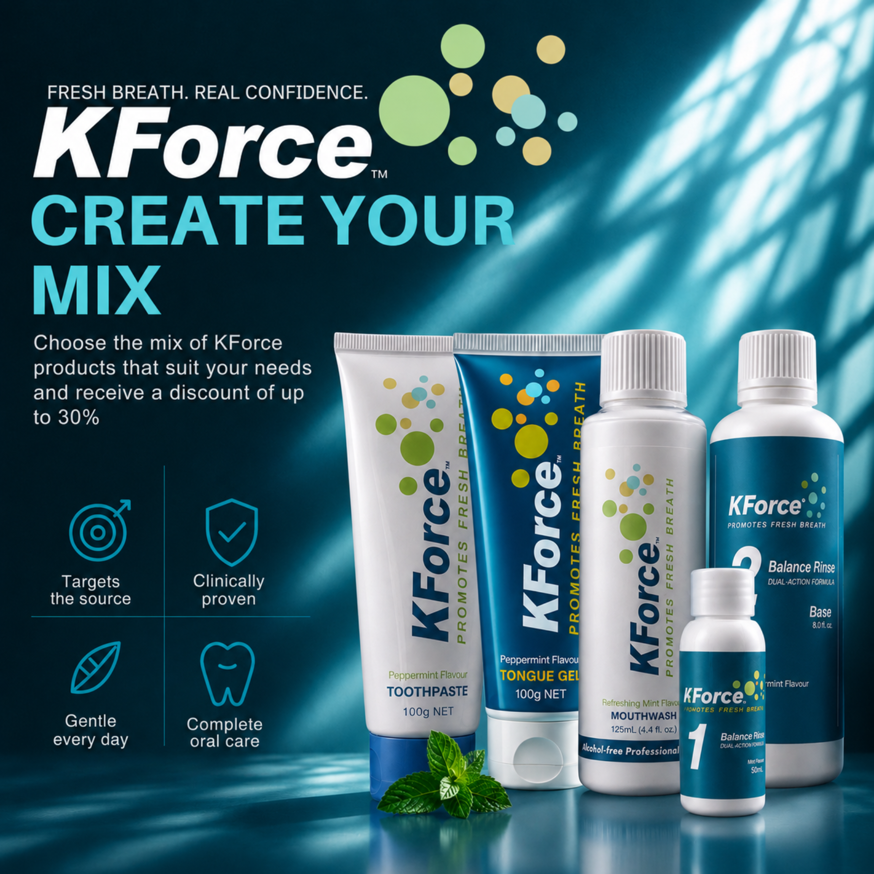 KForce dental care product lineup on a dark blue graphic background, including toothpaste, mouthwash, and oral rinse bottles and tubes with KForce branding.